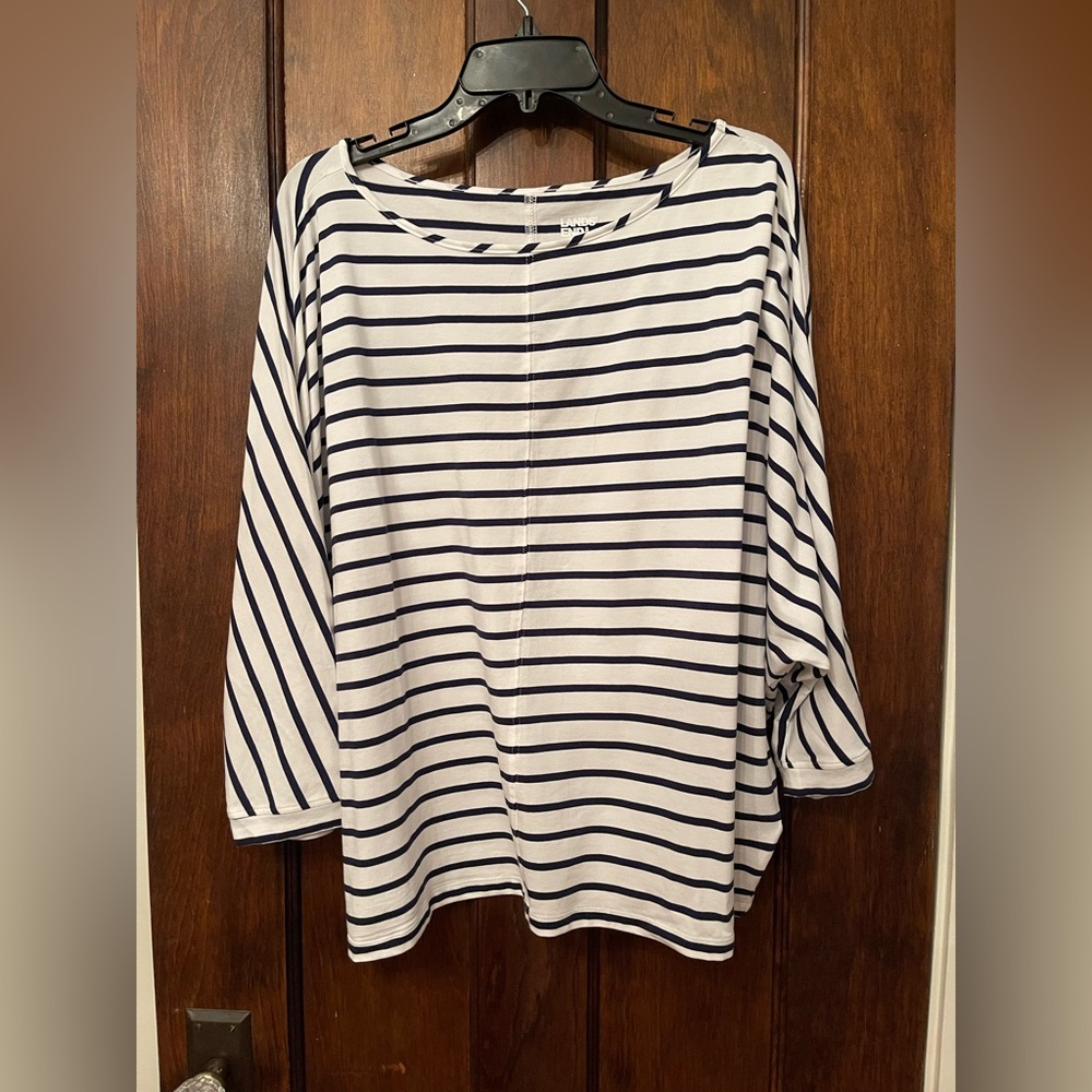 Lands' End Shirt 1X Navy and White Stripe Dolman Sleeve Top Boatneck